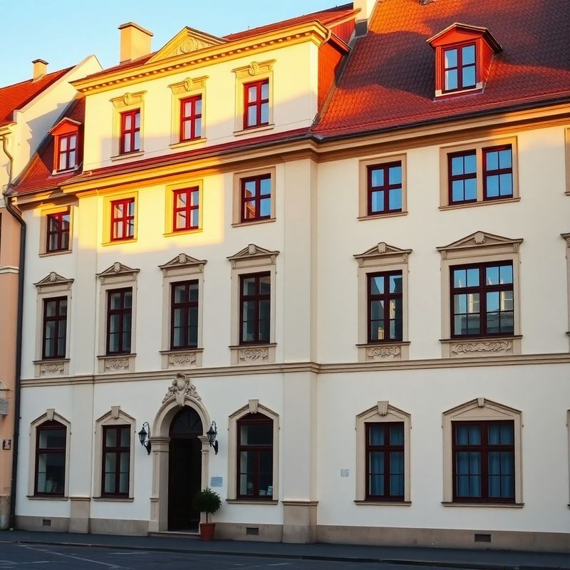 Krémová fasáda budovy na Náměstí Míru ve Zlíně s vínově červenými rámy oken